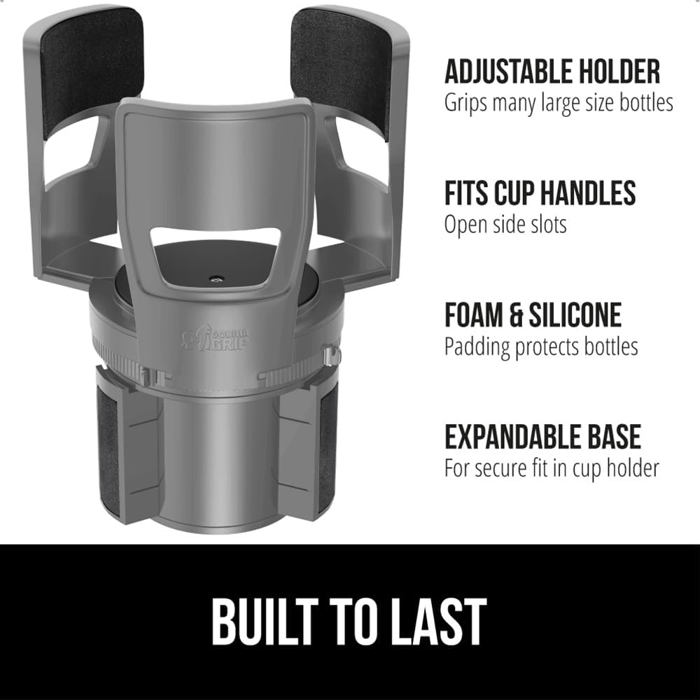 image:imageGORILLA GRIP Patent Pending Adjustable Car Cup Holder Expander Keeps Water Bottle Secure Expands to Fit 18 to 48 oz Large Bottles Yeti Owala Stanley with Handle Coffee Mug Insert for Cars BlackGray