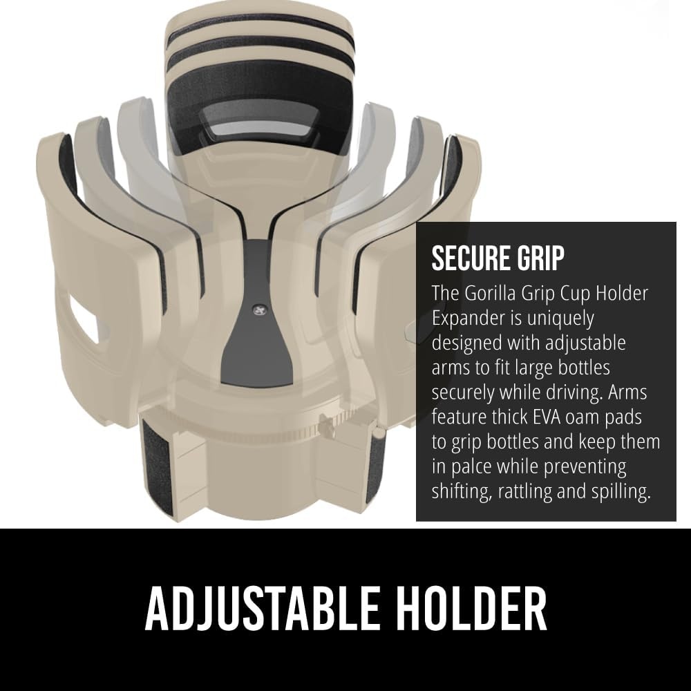 image:imageGORILLA GRIP Patent Pending Adjustable Car Cup Holder Expander Keeps Water Bottle Secure Expands to Fit 18 to 48 oz Large Bottles Yeti Owala Stanley with Handle Coffee Mug Insert for Cars BlackTan