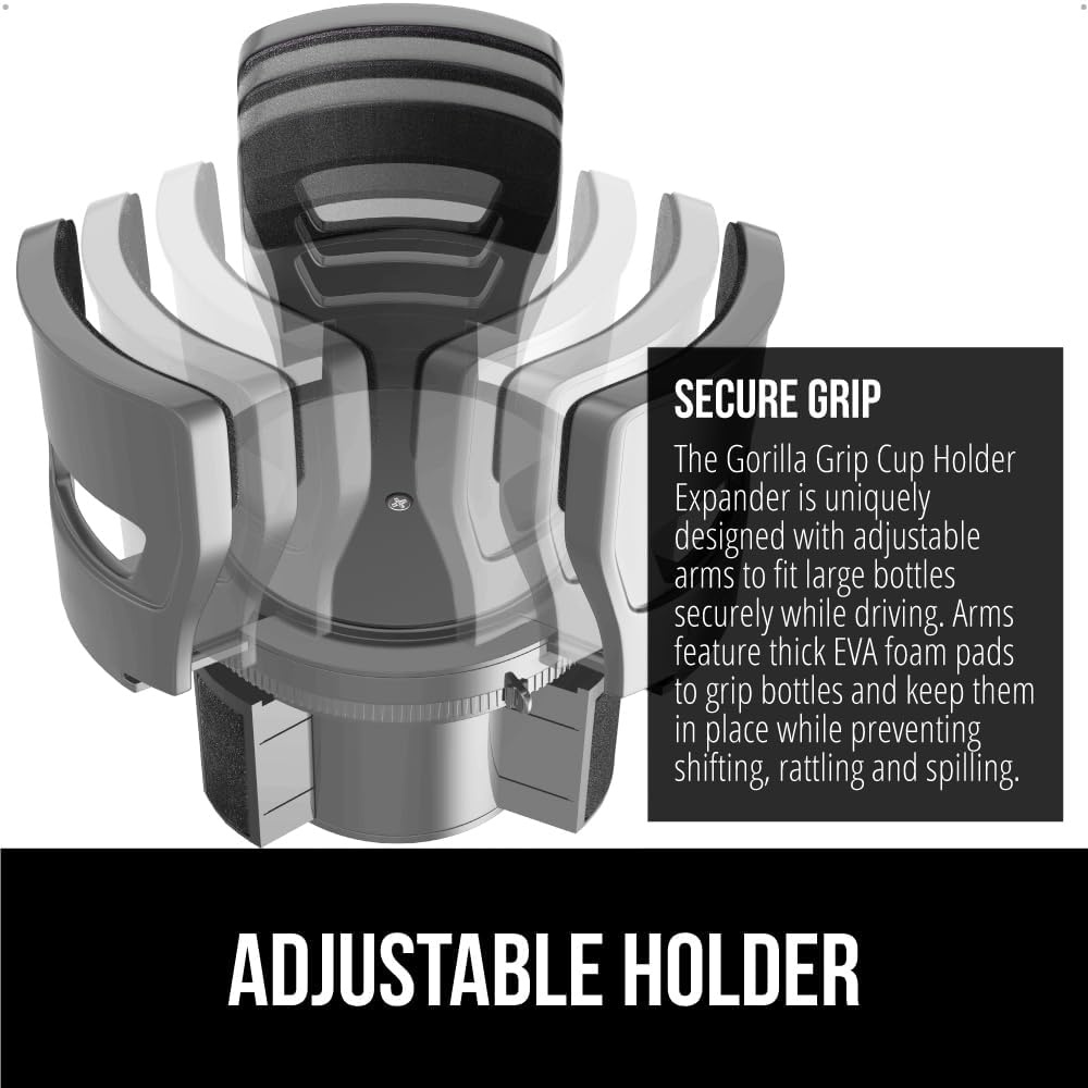 image:imageGORILLA GRIP Patent Pending Adjustable Car Cup Holder Expander Keeps Water Bottle Secure Expands to Fit 18 to 48 oz Large Bottles Yeti Owala Stanley with Handle Coffee Mug Insert for Cars BlackGray