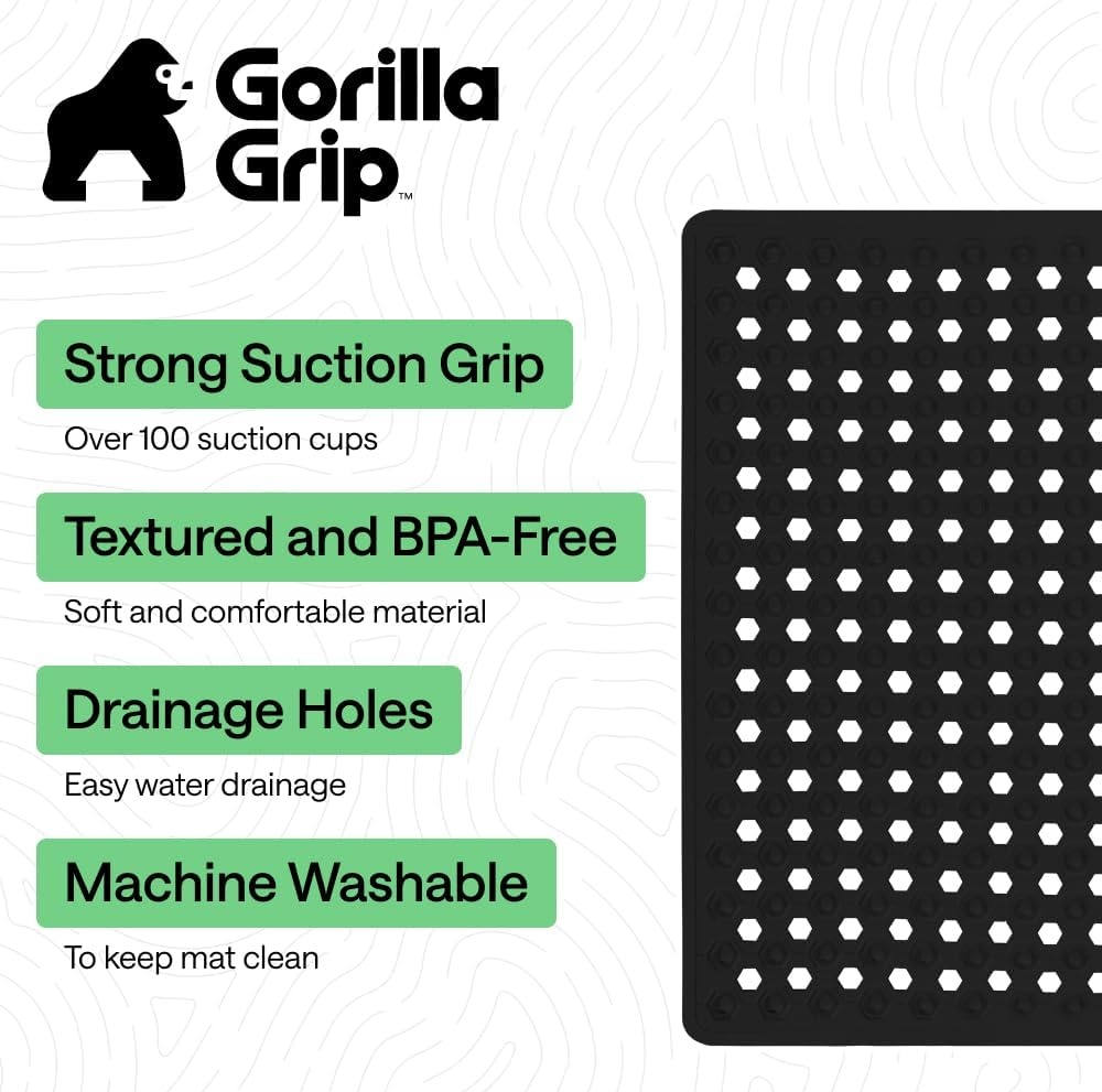 image:imageGORILLA GRIP Patented Bath Tub Shower Mat Machine Washable Bathtub Floor Liner Mats Suction Cups and Drain Holes to Keep Tubs Clean Soft on Feet Bathroom Essentials 35x16 Inch ClearBlack Opaque