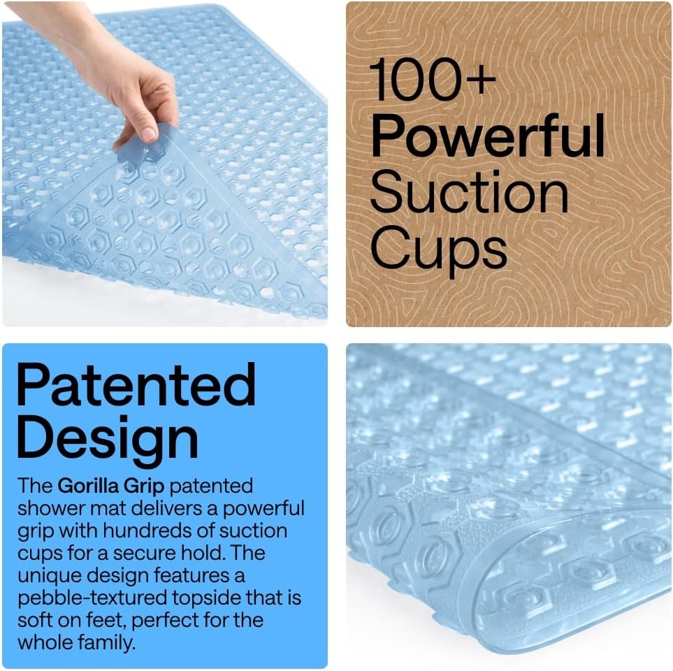 image:imageGORILLA GRIP Patented Bath Tub Shower Mat Machine Washable Bathtub Floor Liner Mats Suction Cups and Drain Holes to Keep Tubs Clean Soft on Feet Bathroom Essentials 35x16 Inch ClearBlue Translucent