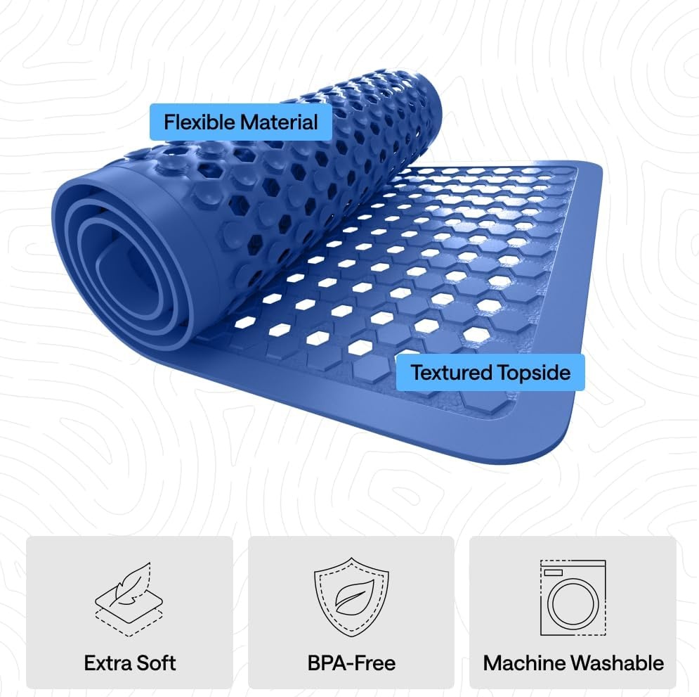 image:imageGORILLA GRIP Patented Bath Tub Shower Mat Machine Washable Bathtub Floor Liner Mats Suction Cups and Drain Holes to Keep Tubs Clean Soft on Feet Bathroom Essentials 35x16 Inch ClearRoyal Blue Opaque