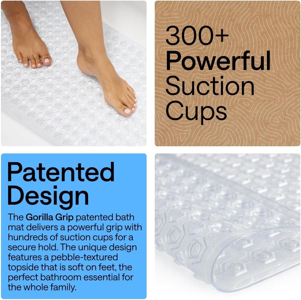 image:imageGORILLA GRIP Patented Bath Tub Shower Mat Machine Washable Bathtub Floor Liner Mats Suction Cups and Drain Holes to Keep Tubs Clean Soft on Feet Bathroom Essentials 35x16 Inch ClearClear