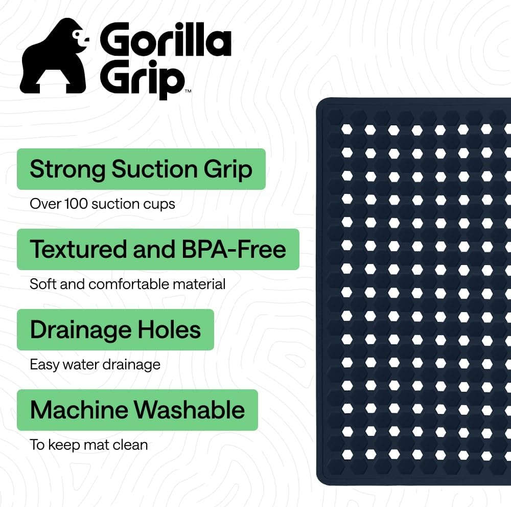 image:imageGORILLA GRIP Patented Bath Tub Shower Mat Machine Washable Bathtub Floor Liner Mats Suction Cups and Drain Holes to Keep Tubs Clean Soft on Feet Bathroom Essentials 35x16 Inch ClearNavy Opaque