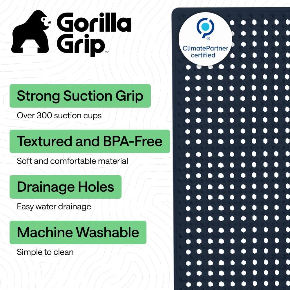 image:imageGORILLA GRIP Patented Bath Tub Shower Mat Machine Washable Bathtub Floor Liner Mats Suction Cups and Drain Holes to Keep Tubs Clean Soft on Feet Bathroom Essentials 35x16 Inch ClearNavy Opaque