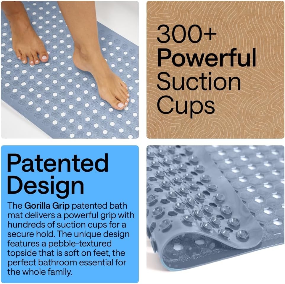 image:imageGORILLA GRIP Patented Bath Tub Shower Mat Machine Washable Bathtub Floor Liner Mats Suction Cups and Drain Holes to Keep Tubs Clean Soft on Feet Bathroom Essentials 35x16 Inch ClearSky Blue Opaque