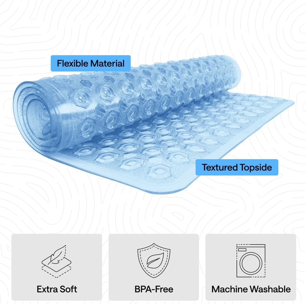 image:imageGORILLA GRIP Patented Bath Tub Shower Mat Machine Washable Bathtub Floor Liner Mats Suction Cups and Drain Holes to Keep Tubs Clean Soft on Feet Bathroom Essentials 35x16 Inch ClearBlue Translucent