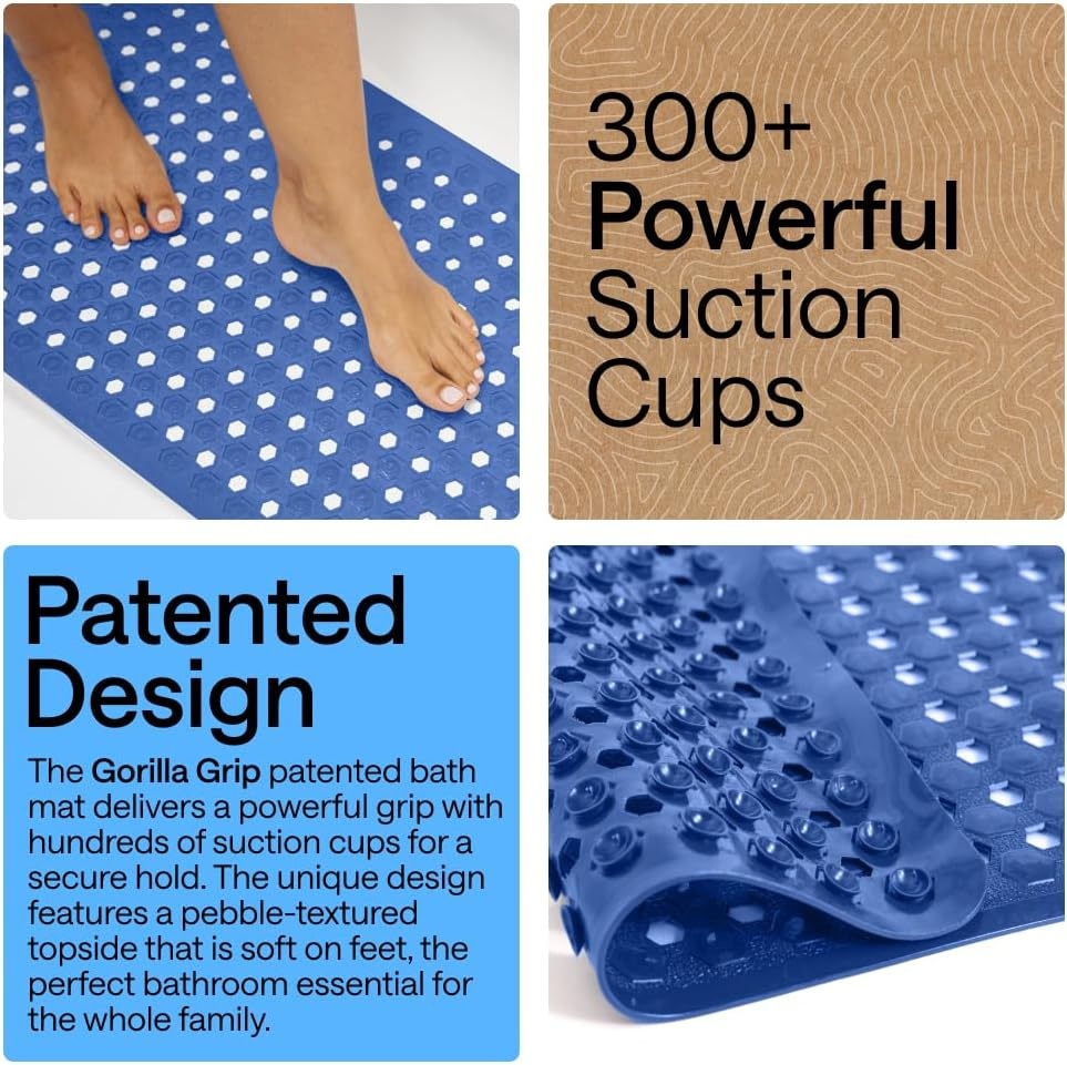 image:imageGORILLA GRIP Patented Bath Tub Shower Mat Machine Washable Bathtub Floor Liner Mats Suction Cups and Drain Holes to Keep Tubs Clean Soft on Feet Bathroom Essentials 35x16 Inch ClearRoyal Blue Opaque