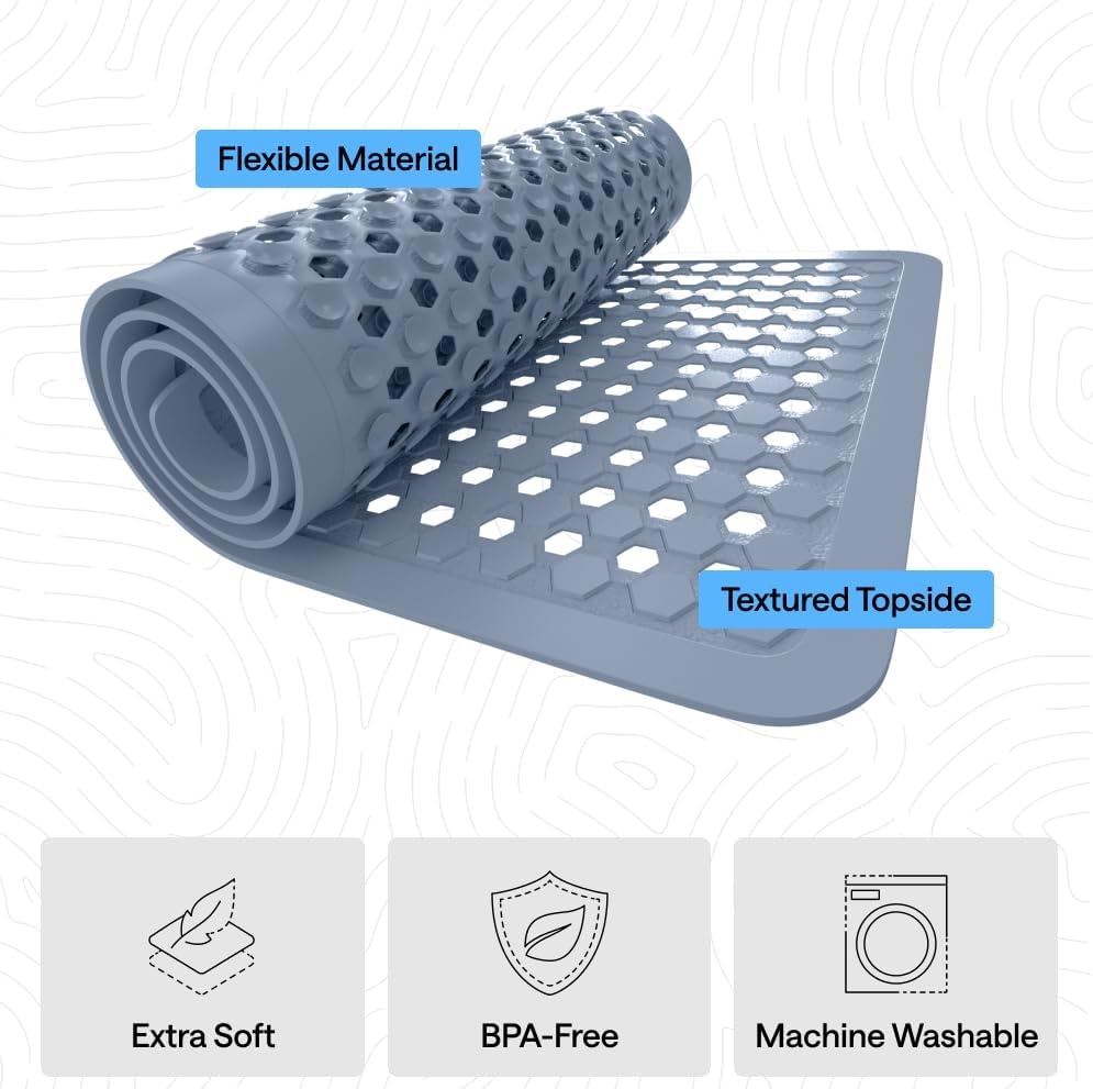 image:imageGORILLA GRIP Patented Bath Tub Shower Mat Machine Washable Bathtub Floor Liner Mats Suction Cups and Drain Holes to Keep Tubs Clean Soft on Feet Bathroom Essentials 35x16 Inch ClearSky Blue Opaque