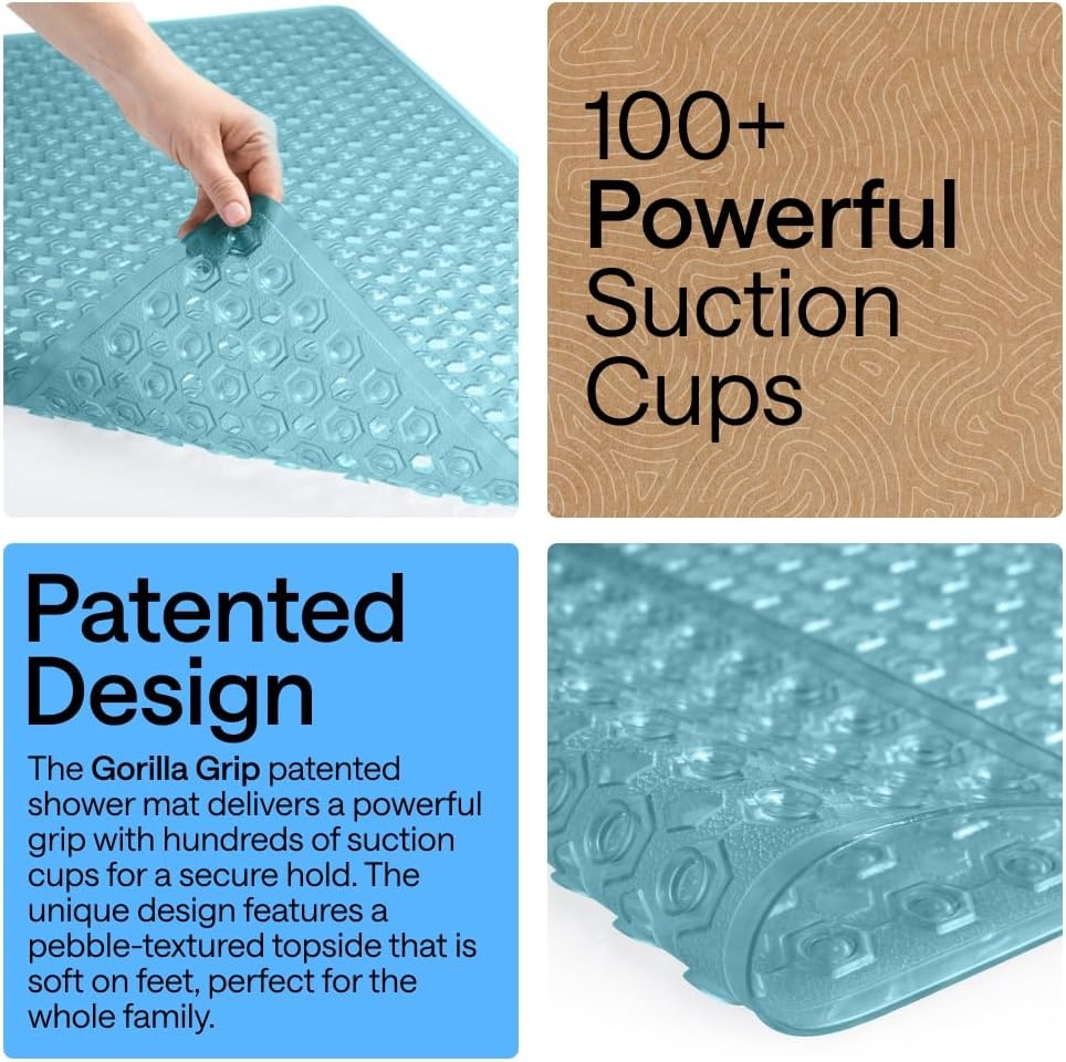 image:imageGORILLA GRIP Patented Bath Tub Shower Mat Machine Washable Bathtub Floor Liner Mats Suction Cups and Drain Holes to Keep Tubs Clean Soft on Feet Bathroom Essentials 35x16 Inch ClearTurquoise Translucent