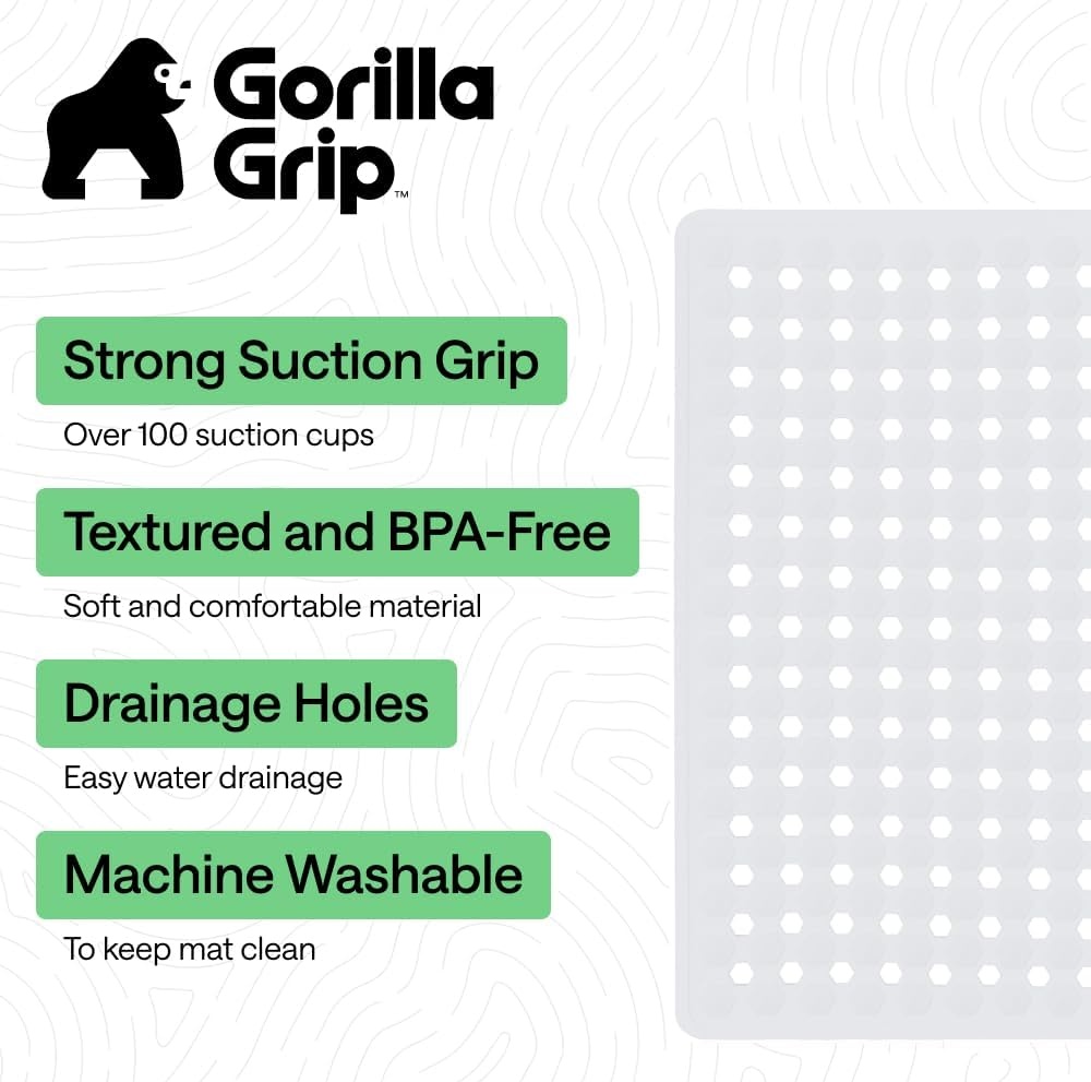image:imageGORILLA GRIP Patented Bath Tub Shower Mat Machine Washable Bathtub Floor Liner Mats Suction Cups and Drain Holes to Keep Tubs Clean Soft on Feet Bathroom Essentials 35x16 Inch ClearWhite Opaque