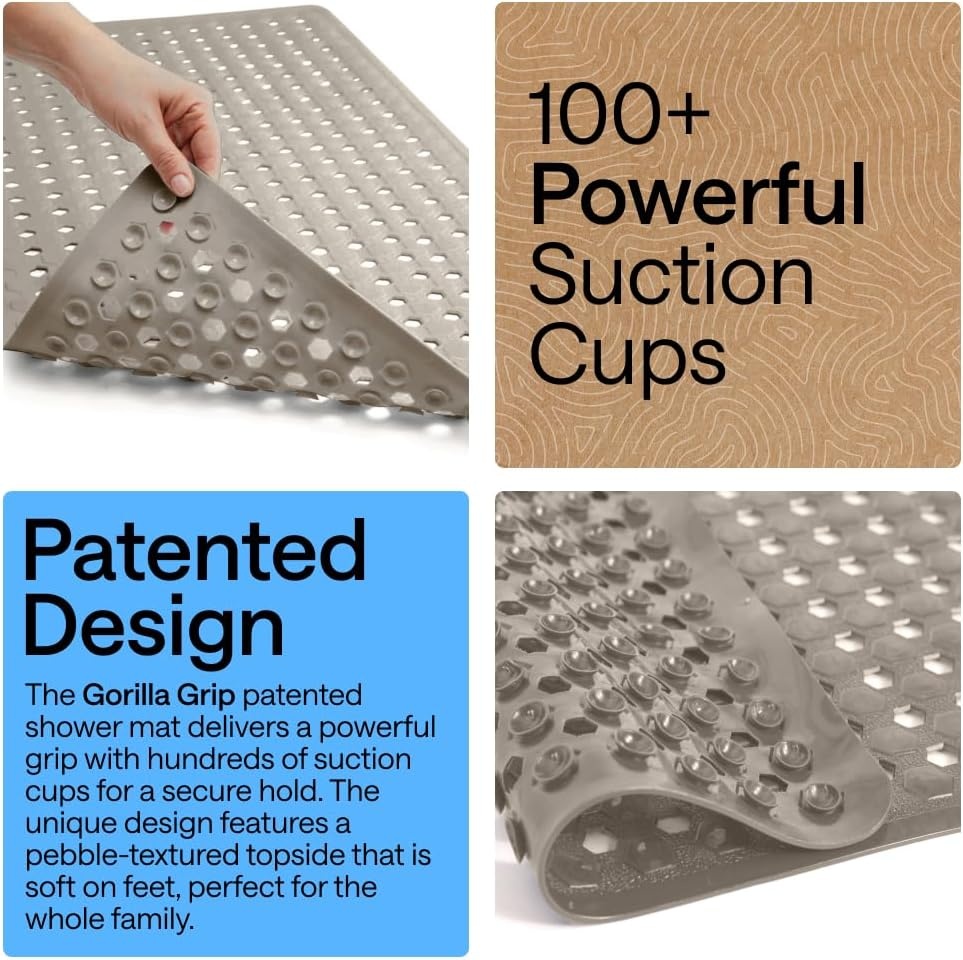 image:imageGORILLA GRIP Patented Bath Tub Shower Mat Machine Washable Bathtub Floor Liner Mats Suction Cups and Drain Holes to Keep Tubs Clean Soft on Feet Bathroom Essentials 35x16 Inch ClearBeige Opaque
