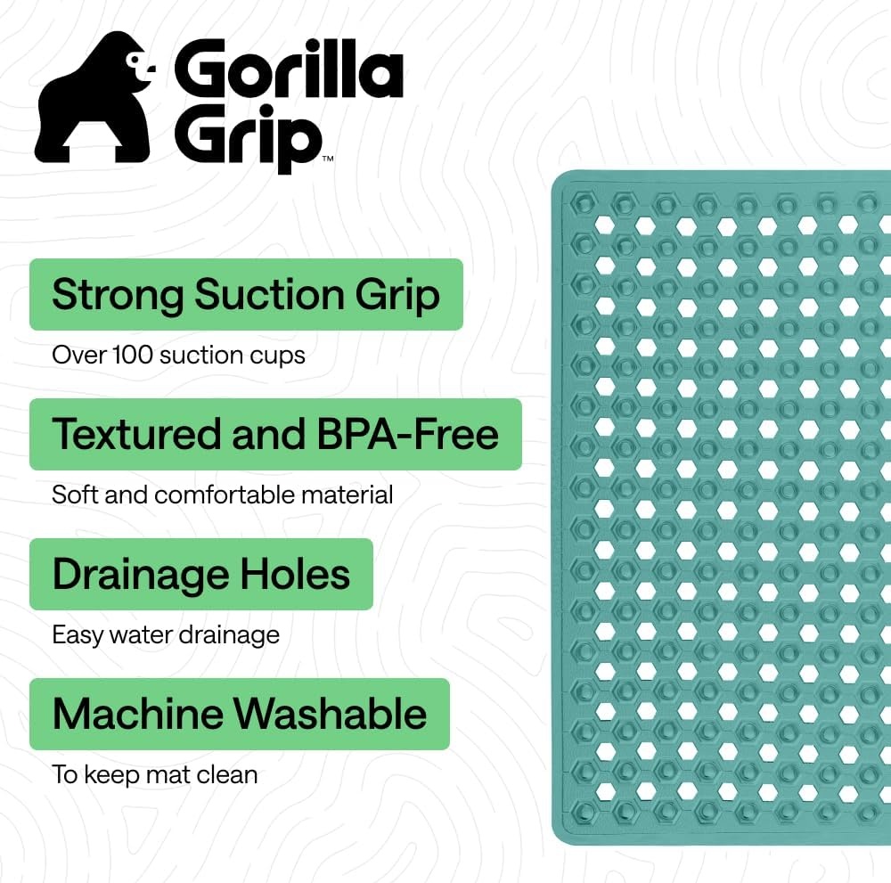 image:imageGORILLA GRIP Patented Bath Tub Shower Mat Machine Washable Bathtub Floor Liner Mats Suction Cups and Drain Holes to Keep Tubs Clean Soft on Feet Bathroom Essentials 35x16 Inch ClearTurquoise Opaque