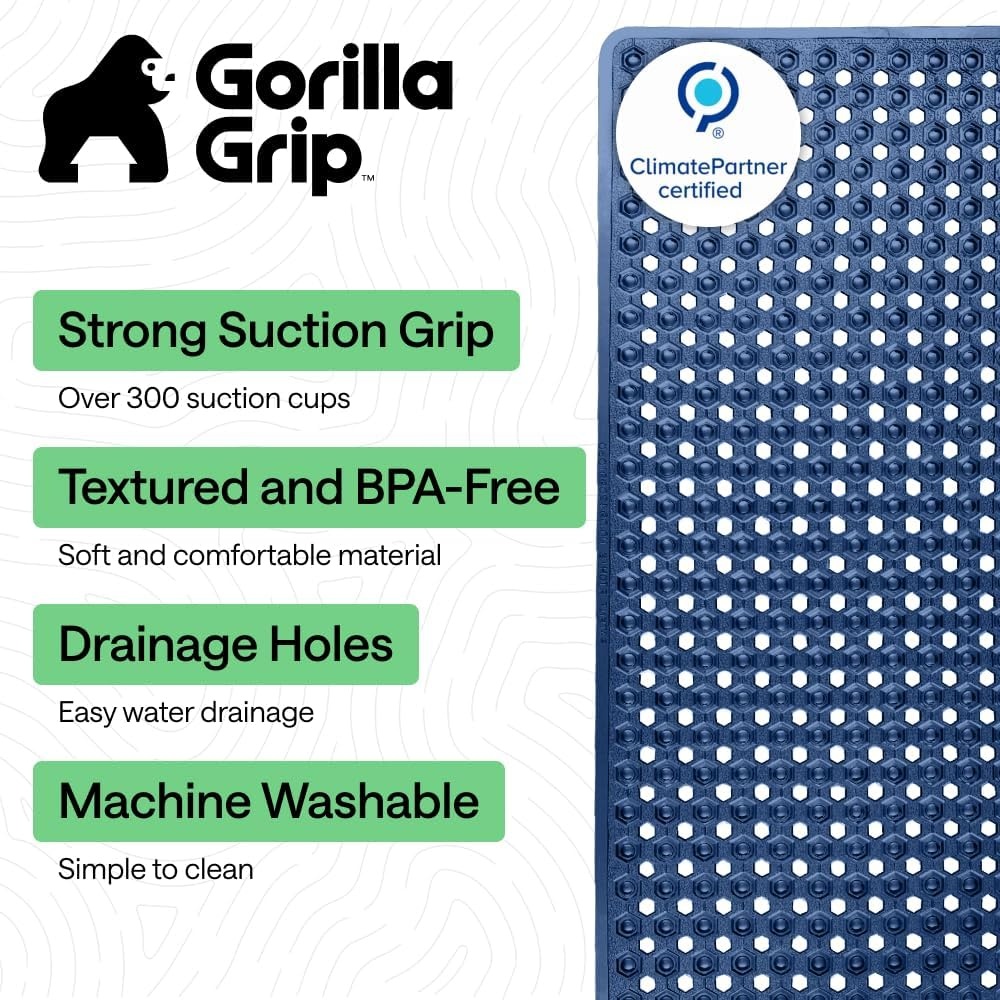 image:imageGORILLA GRIP Patented Bath Tub Shower Mat Machine Washable Bathtub Floor Liner Mats Suction Cups and Drain Holes to Keep Tubs Clean Soft on Feet Bathroom Essentials 35x16 Inch ClearNavy Translucent