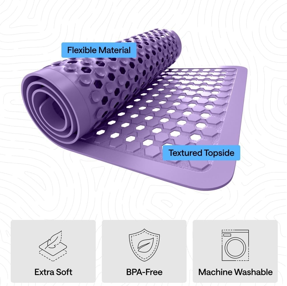 image:imageGORILLA GRIP Patented Bath Tub Shower Mat Machine Washable Bathtub Floor Liner Mats Suction Cups and Drain Holes to Keep Tubs Clean Soft on Feet Bathroom Essentials 35x16 Inch ClearPurple Opaque
