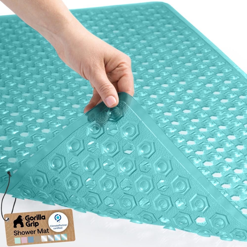 image:imageGORILLA GRIP Patented Bath Tub Shower Mat Machine Washable Bathtub Floor Liner Mats Suction Cups and Drain Holes to Keep Tubs Clean Soft on Feet Bathroom Essentials 35x16 Inch ClearTurquoise Translucent