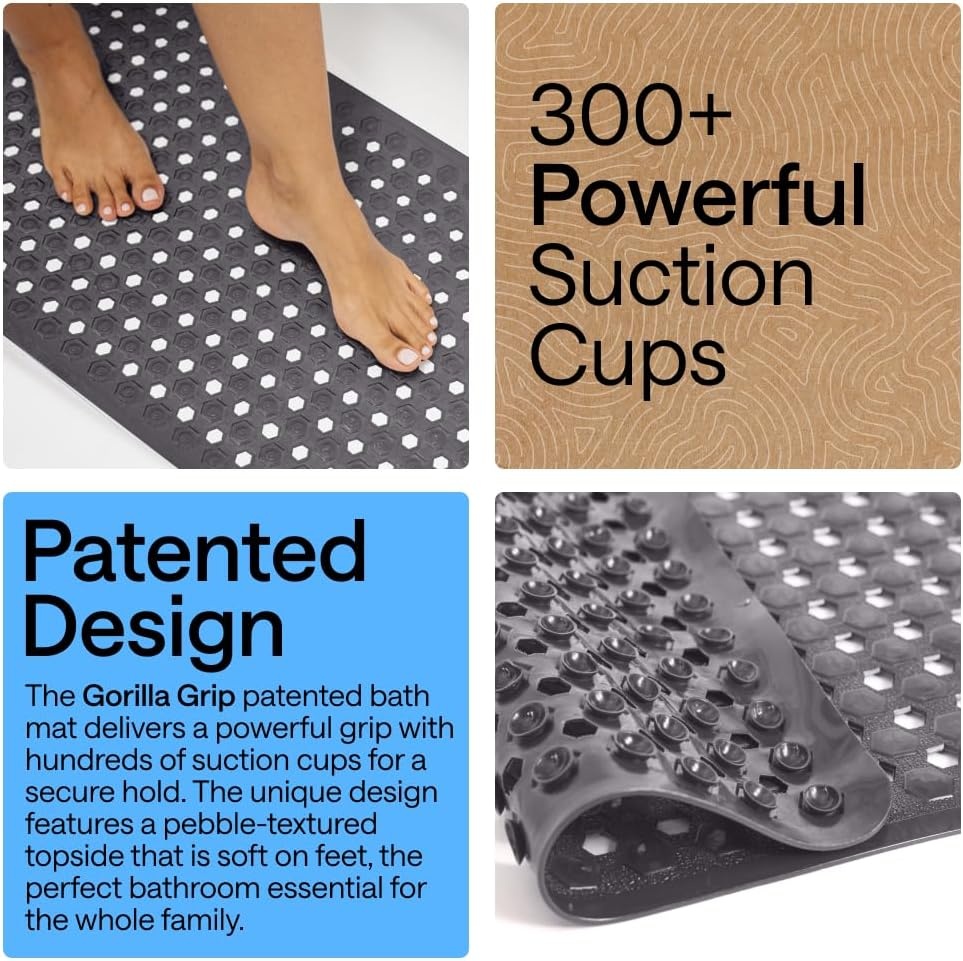 image:imageGORILLA GRIP Patented Bath Tub Shower Mat Machine Washable Bathtub Floor Liner Mats Suction Cups and Drain Holes to Keep Tubs Clean Soft on Feet Bathroom Essentials 35x16 Inch ClearCharcoal Opaque