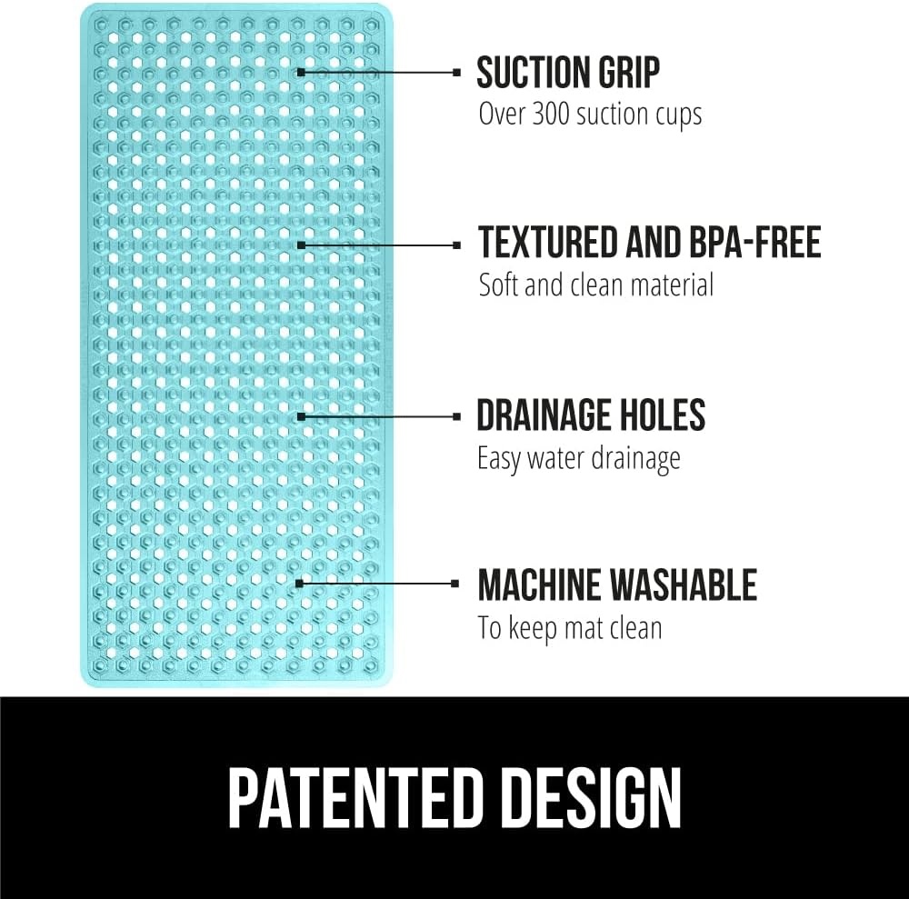 image:imageGORILLA GRIP Patented Bath Tub Shower Mat Machine Washable Bathtub Floor Liner Mats Suction Cups and Drain Holes to Keep Tubs Clean Soft on Feet Bathroom Essentials 35x16 Inch ClearTurquoise Translucent