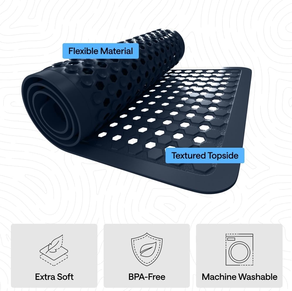 image:imageGORILLA GRIP Patented Bath Tub Shower Mat Machine Washable Bathtub Floor Liner Mats Suction Cups and Drain Holes to Keep Tubs Clean Soft on Feet Bathroom Essentials 35x16 Inch ClearNavy Opaque