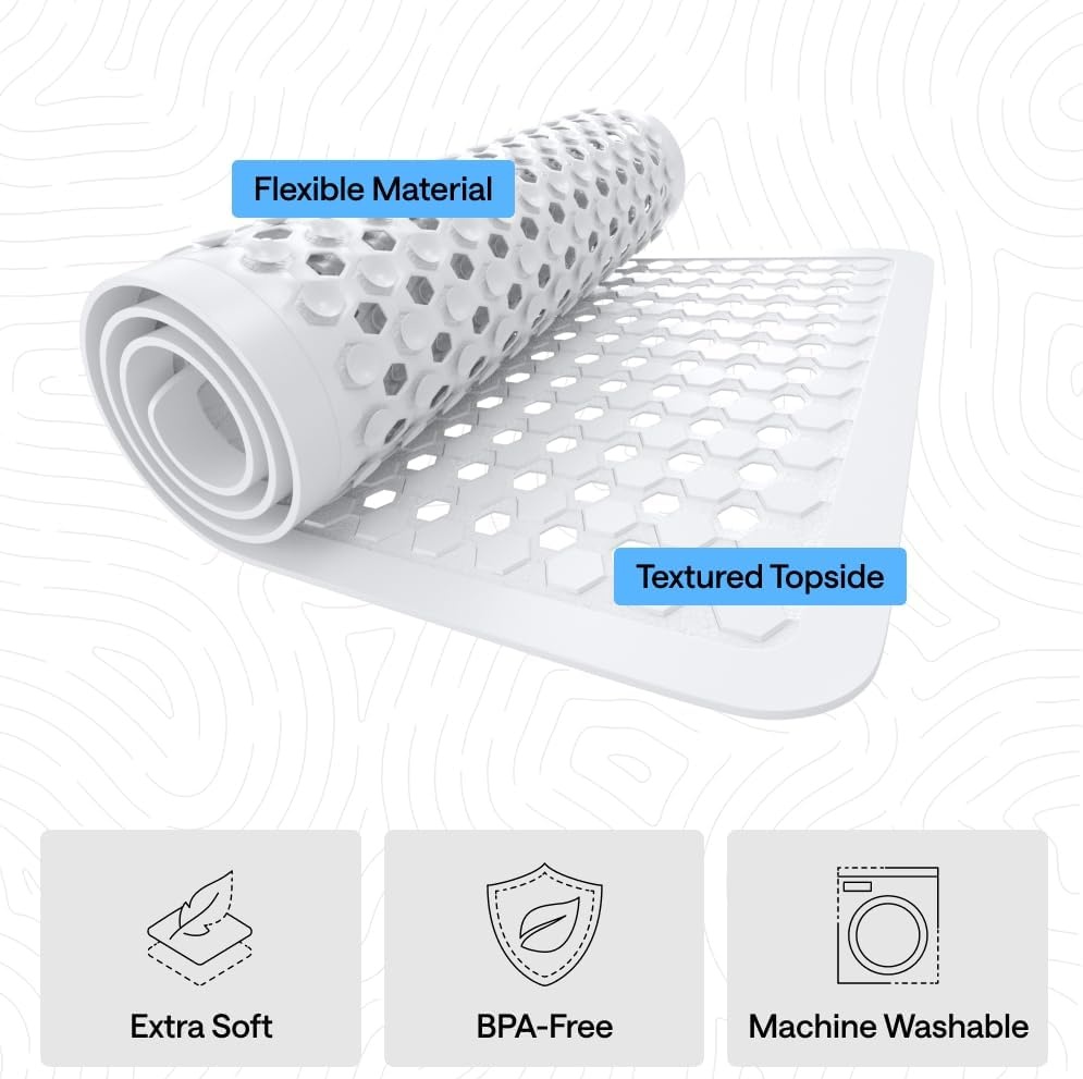 image:imageGORILLA GRIP Patented Bath Tub Shower Mat Machine Washable Bathtub Floor Liner Mats Suction Cups and Drain Holes to Keep Tubs Clean Soft on Feet Bathroom Essentials 35x16 Inch ClearWhite Opaque