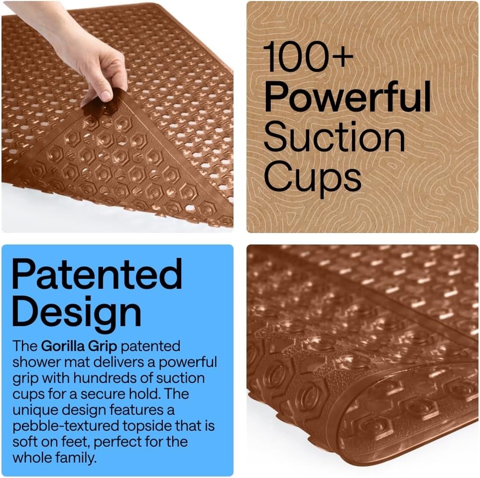 image:imageGORILLA GRIP Patented Bath Tub Shower Mat Machine Washable Bathtub Floor Liner Mats Suction Cups and Drain Holes to Keep Tubs Clean Soft on Feet Bathroom Essentials 35x16 Inch ClearBrown Translucent