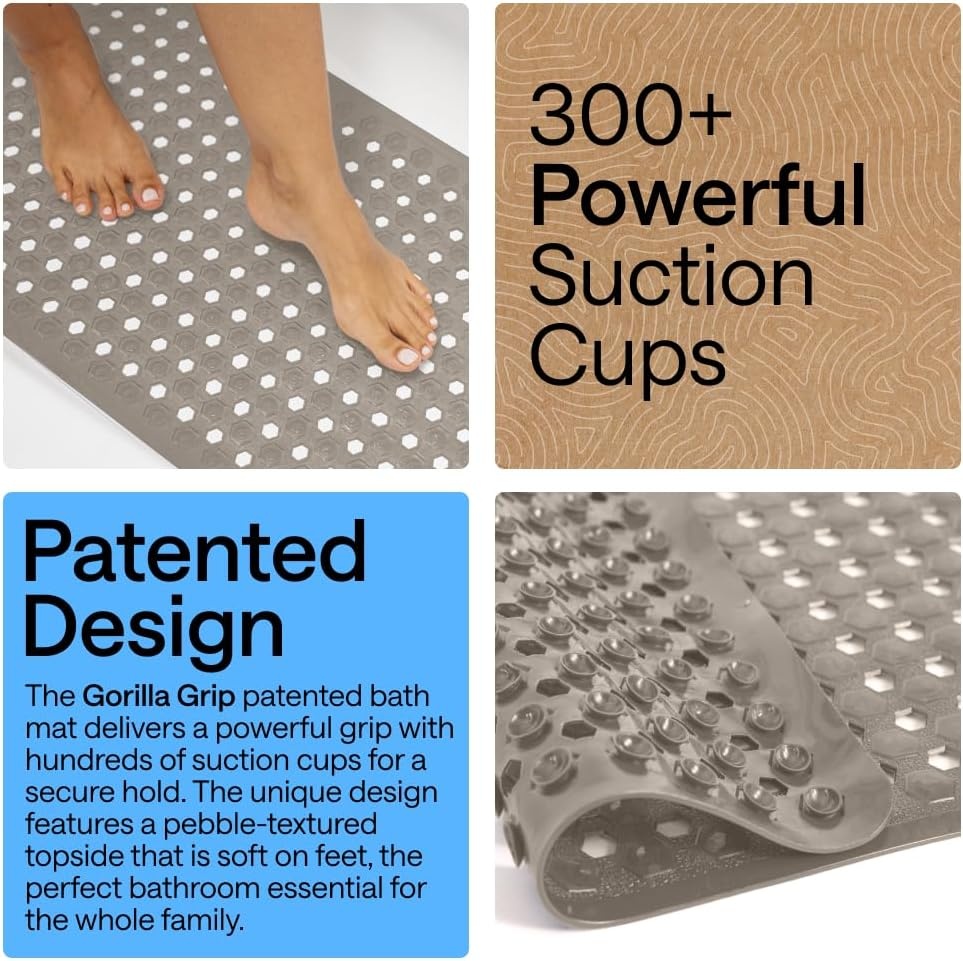 image:imageGORILLA GRIP Patented Bath Tub Shower Mat Machine Washable Bathtub Floor Liner Mats Suction Cups and Drain Holes to Keep Tubs Clean Soft on Feet Bathroom Essentials 35x16 Inch ClearBeige Opaque