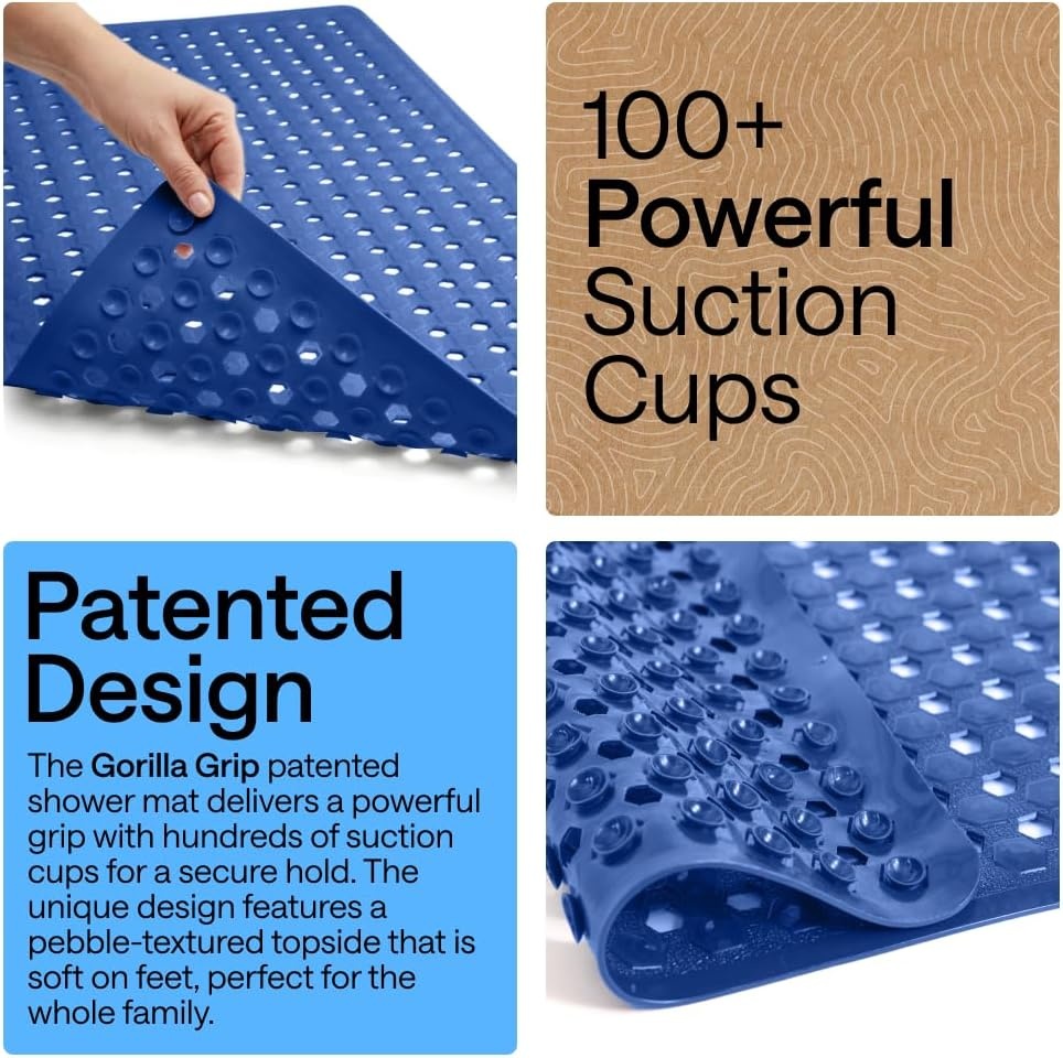 image:imageGORILLA GRIP Patented Bath Tub Shower Mat Machine Washable Bathtub Floor Liner Mats Suction Cups and Drain Holes to Keep Tubs Clean Soft on Feet Bathroom Essentials 35x16 Inch ClearRoyal Blue Opaque