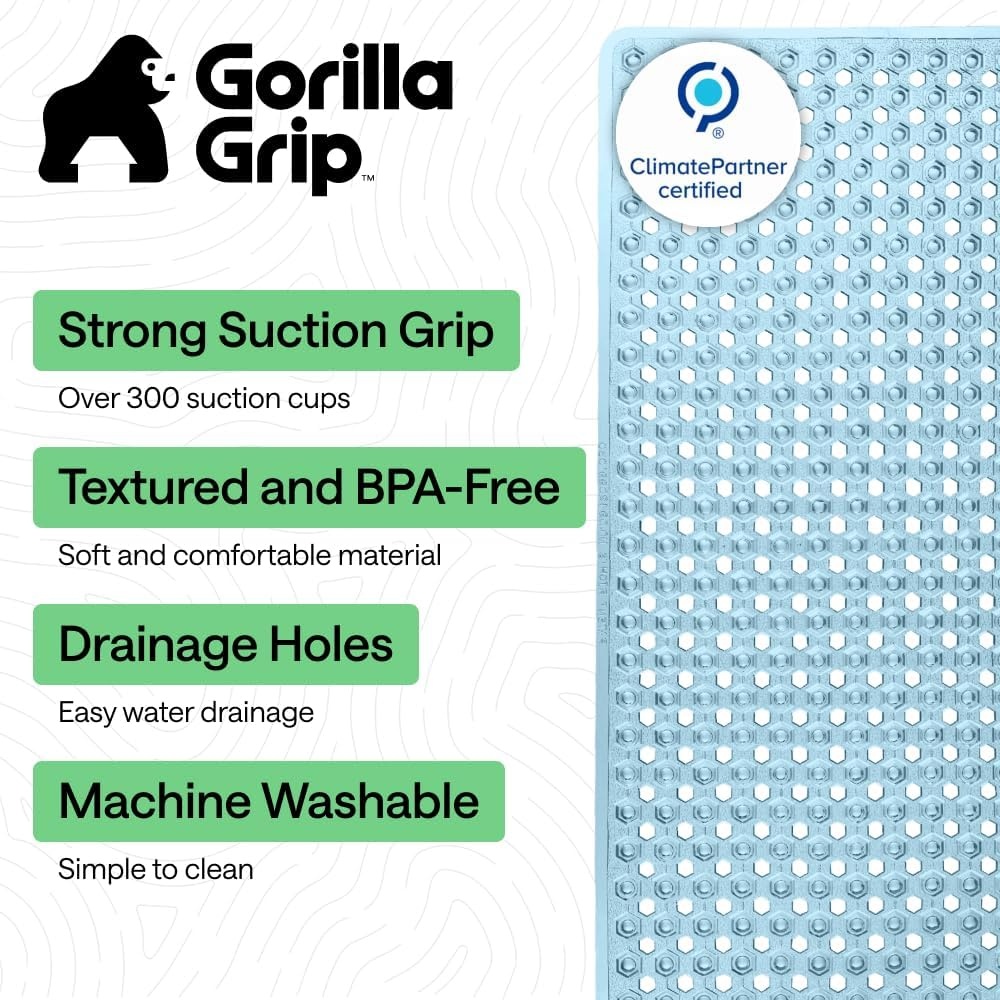 image:imageGORILLA GRIP Patented Bath Tub Shower Mat Machine Washable Bathtub Floor Liner Mats Suction Cups and Drain Holes to Keep Tubs Clean Soft on Feet Bathroom Essentials 35x16 Inch ClearBlue Translucent