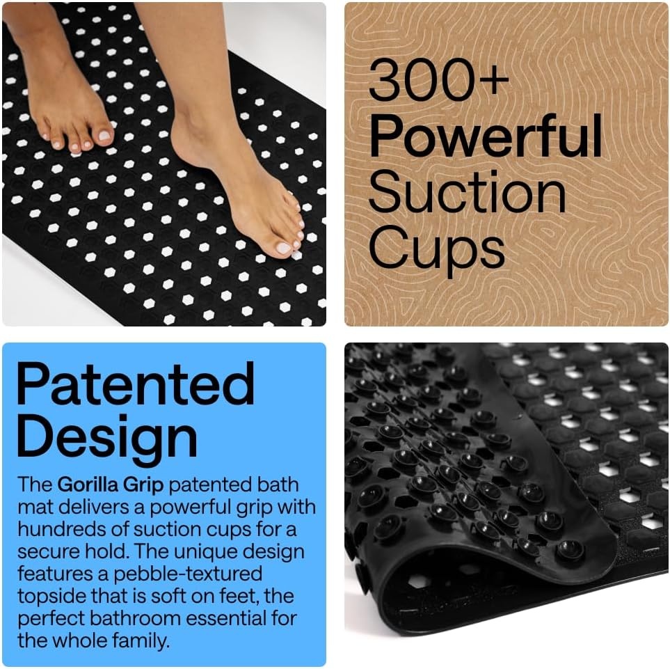 image:imageGORILLA GRIP Patented Bath Tub Shower Mat Machine Washable Bathtub Floor Liner Mats Suction Cups and Drain Holes to Keep Tubs Clean Soft on Feet Bathroom Essentials 35x16 Inch ClearBlack Opaque