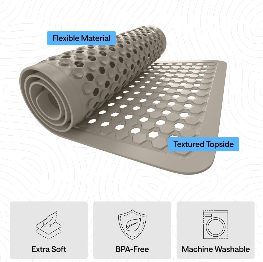 image:imageGORILLA GRIP Patented Bath Tub Shower Mat Machine Washable Bathtub Floor Liner Mats Suction Cups and Drain Holes to Keep Tubs Clean Soft on Feet Bathroom Essentials 35x16 Inch ClearBeige Opaque