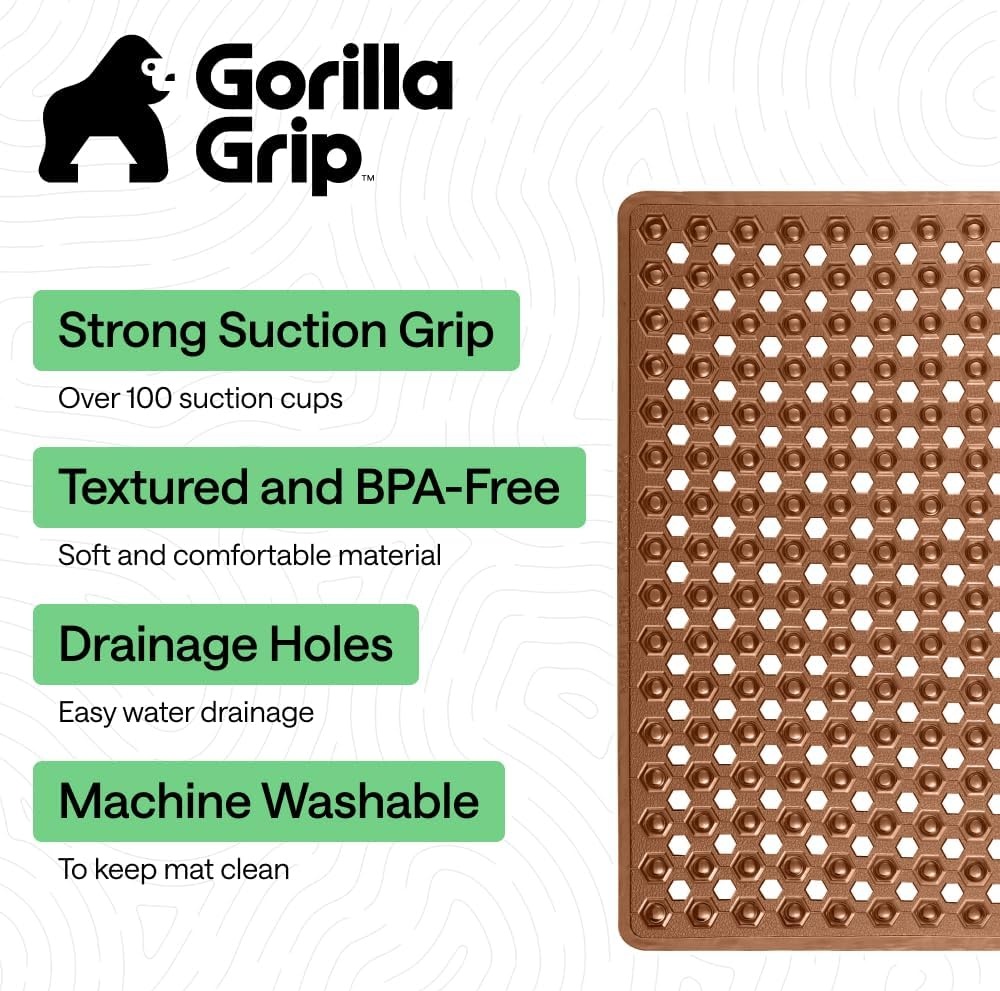 image:imageGORILLA GRIP Patented Bath Tub Shower Mat Machine Washable Bathtub Floor Liner Mats Suction Cups and Drain Holes to Keep Tubs Clean Soft on Feet Bathroom Essentials 35x16 Inch ClearBrown Translucent