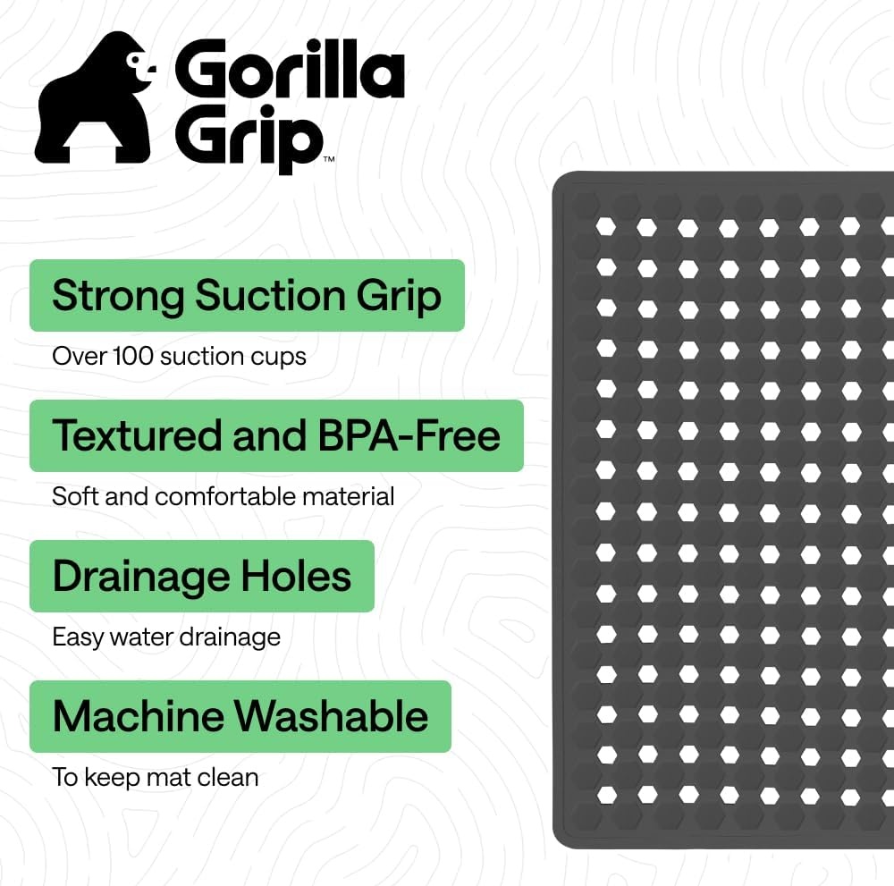 image:imageGORILLA GRIP Patented Bath Tub Shower Mat Machine Washable Bathtub Floor Liner Mats Suction Cups and Drain Holes to Keep Tubs Clean Soft on Feet Bathroom Essentials 35x16 Inch ClearCharcoal Opaque