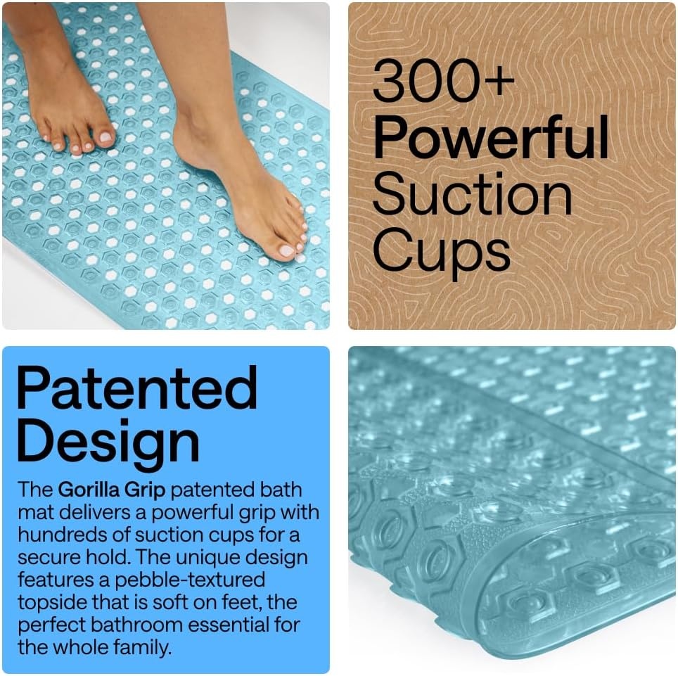 image:imageGORILLA GRIP Patented Bath Tub Shower Mat Machine Washable Bathtub Floor Liner Mats Suction Cups and Drain Holes to Keep Tubs Clean Soft on Feet Bathroom Essentials 35x16 Inch ClearTurquoise Translucent