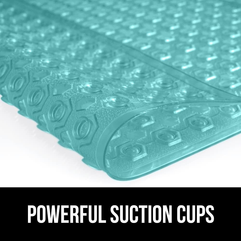 image:imageGORILLA GRIP Patented Bath Tub Shower Mat Machine Washable Bathtub Floor Liner Mats Suction Cups and Drain Holes to Keep Tubs Clean Soft on Feet Bathroom Essentials 35x16 Inch ClearTurquoise Translucent
