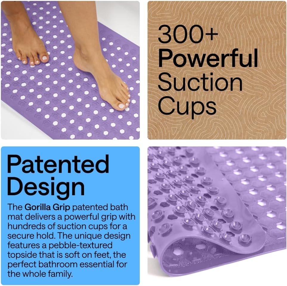 image:imageGORILLA GRIP Patented Bath Tub Shower Mat Machine Washable Bathtub Floor Liner Mats Suction Cups and Drain Holes to Keep Tubs Clean Soft on Feet Bathroom Essentials 35x16 Inch ClearPurple Opaque