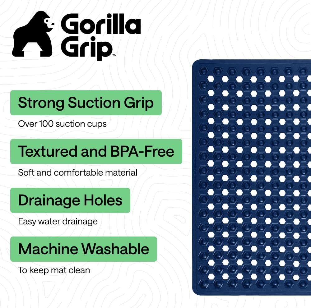 image:imageGORILLA GRIP Patented Bath Tub Shower Mat Machine Washable Bathtub Floor Liner Mats Suction Cups and Drain Holes to Keep Tubs Clean Soft on Feet Bathroom Essentials 35x16 Inch ClearNavy Translucent