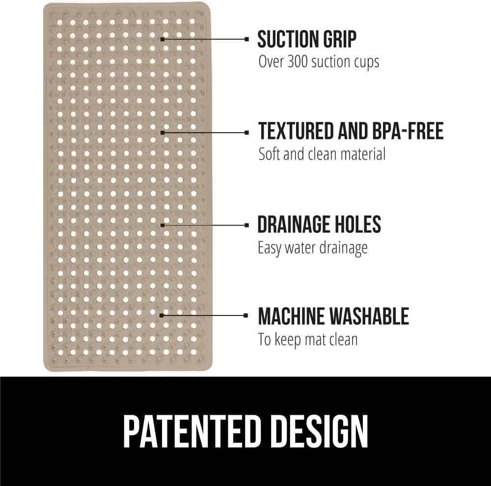 image:imageGORILLA GRIP Patented Bath Tub Shower Mat Machine Washable Bathtub Floor Liner Mats Suction Cups and Drain Holes to Keep Tubs Clean Soft on Feet Bathroom Essentials 35x16 Inch ClearBeige Opaque
