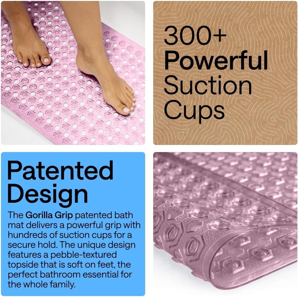 image:imageGORILLA GRIP Patented Bath Tub Shower Mat Machine Washable Bathtub Floor Liner Mats Suction Cups and Drain Holes to Keep Tubs Clean Soft on Feet Bathroom Essentials 35x16 Inch ClearPurple Translucent