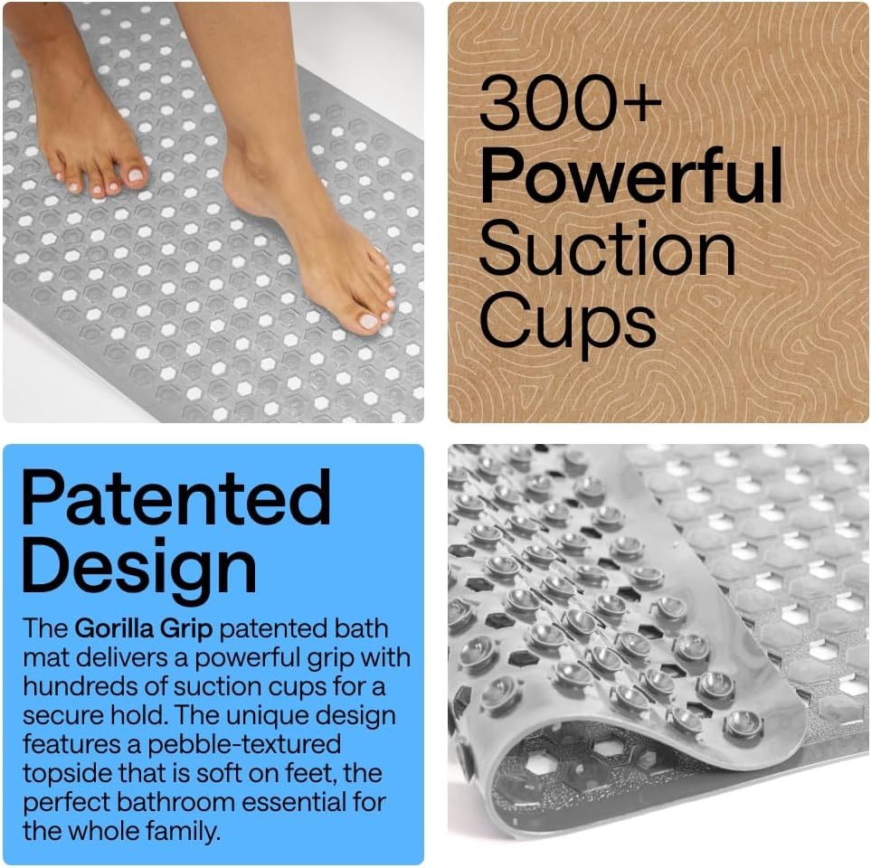 image:imageGORILLA GRIP Patented Bath Tub Shower Mat Machine Washable Bathtub Floor Liner Mats Suction Cups and Drain Holes to Keep Tubs Clean Soft on Feet Bathroom Essentials 35x16 Inch ClearGray Opaque