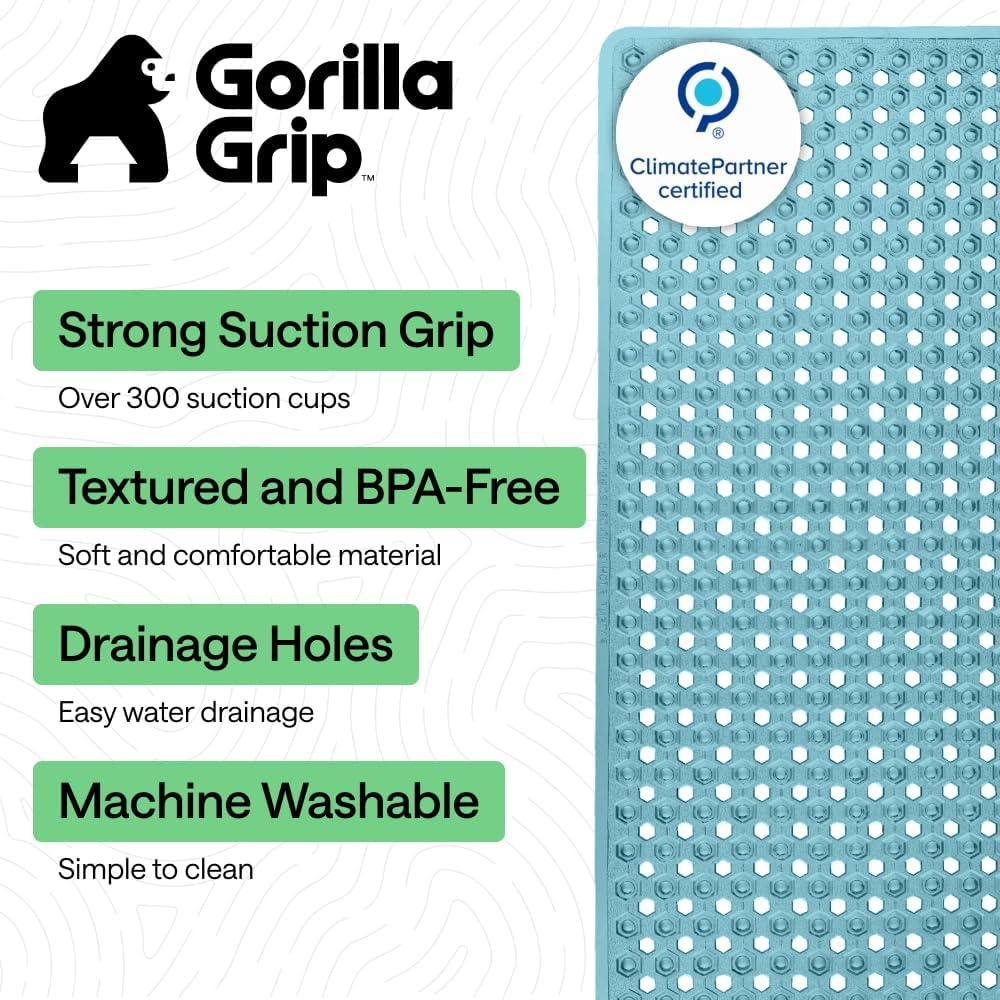 image:imageGORILLA GRIP Patented Bath Tub Shower Mat Machine Washable Bathtub Floor Liner Mats Suction Cups and Drain Holes to Keep Tubs Clean Soft on Feet Bathroom Essentials 35x16 Inch ClearTurquoise Translucent