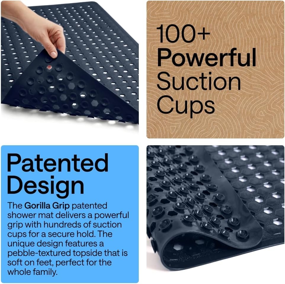image:imageGORILLA GRIP Patented Bath Tub Shower Mat Machine Washable Bathtub Floor Liner Mats Suction Cups and Drain Holes to Keep Tubs Clean Soft on Feet Bathroom Essentials 35x16 Inch ClearNavy Opaque