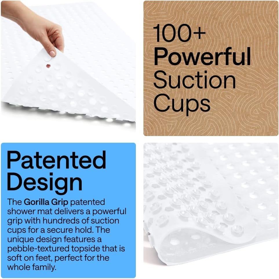image:imageGORILLA GRIP Patented Bath Tub Shower Mat Machine Washable Bathtub Floor Liner Mats Suction Cups and Drain Holes to Keep Tubs Clean Soft on Feet Bathroom Essentials 35x16 Inch ClearWhite Opaque