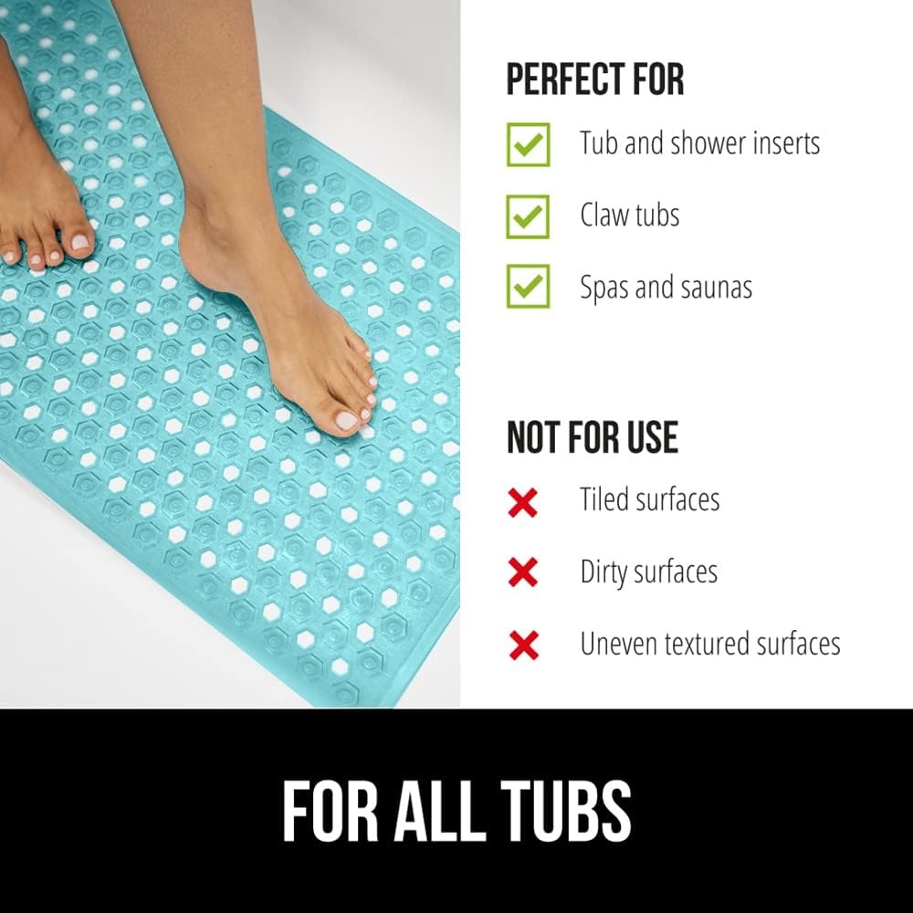 image:imageGORILLA GRIP Patented Bath Tub Shower Mat Machine Washable Bathtub Floor Liner Mats Suction Cups and Drain Holes to Keep Tubs Clean Soft on Feet Bathroom Essentials 35x16 Inch ClearTurquoise Translucent