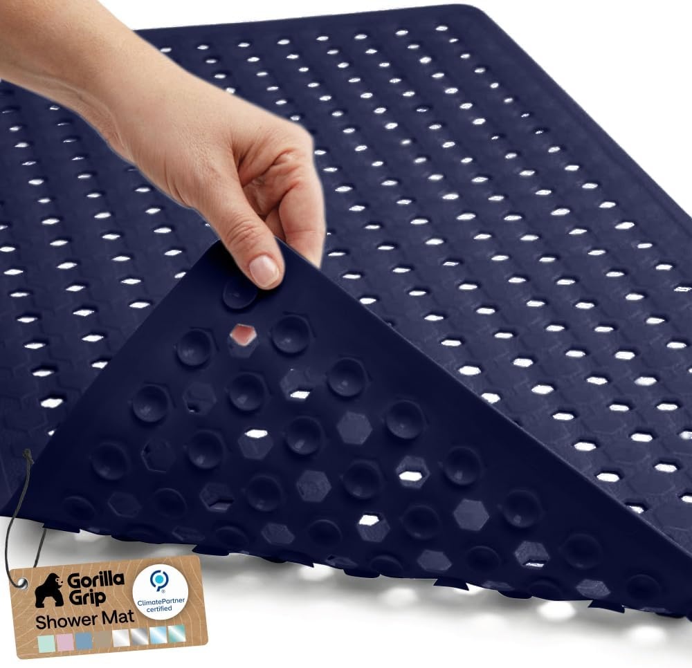 image:imageGORILLA GRIP Patented Bath Tub Shower Mat Machine Washable Bathtub Floor Liner Mats Suction Cups and Drain Holes to Keep Tubs Clean Soft on Feet Bathroom Essentials 35x16 Inch ClearNavy Opaque