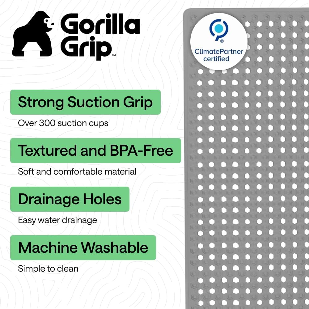 image:imageGORILLA GRIP Patented Bath Tub Shower Mat Machine Washable Bathtub Floor Liner Mats Suction Cups and Drain Holes to Keep Tubs Clean Soft on Feet Bathroom Essentials 35x16 Inch ClearGray Opaque