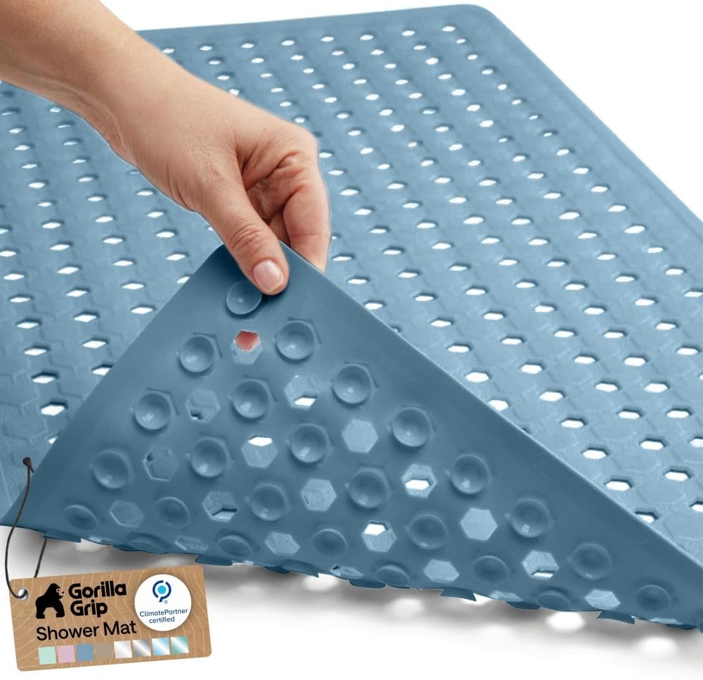 image:imageGORILLA GRIP Patented Bath Tub Shower Mat Machine Washable Bathtub Floor Liner Mats Suction Cups and Drain Holes to Keep Tubs Clean Soft on Feet Bathroom Essentials 35x16 Inch ClearSky Blue Opaque