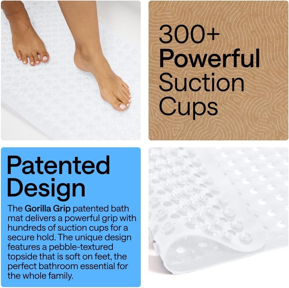 image:imageGORILLA GRIP Patented Bath Tub Shower Mat Machine Washable Bathtub Floor Liner Mats Suction Cups and Drain Holes to Keep Tubs Clean Soft on Feet Bathroom Essentials 35x16 Inch ClearWhite Opaque