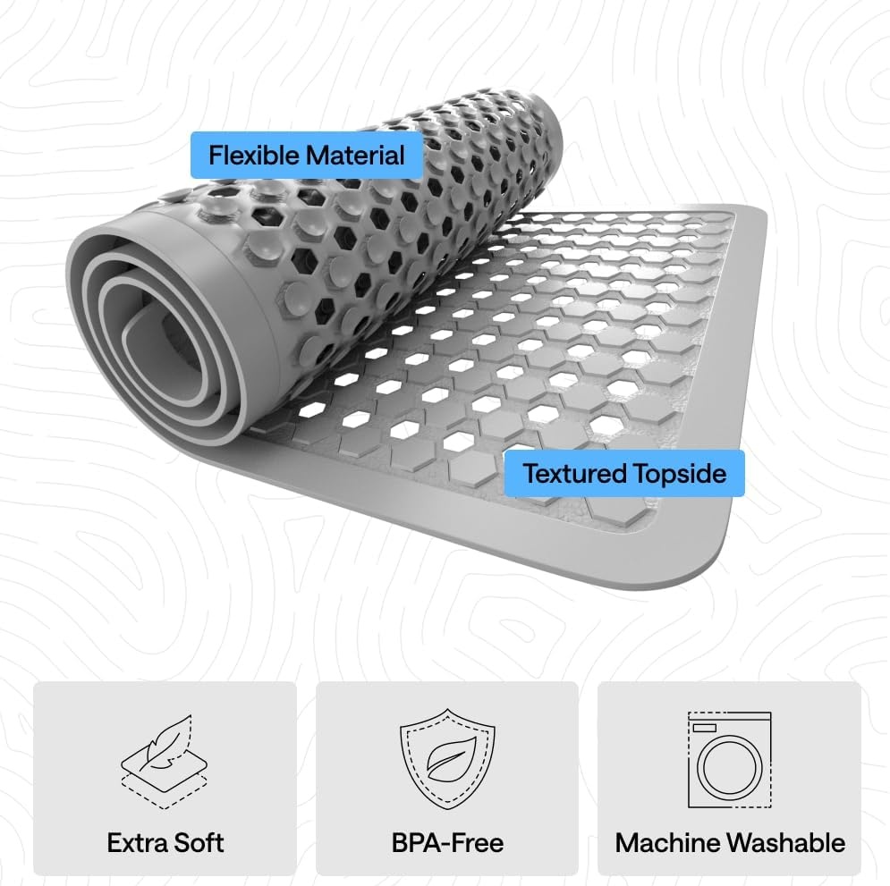 image:imageGORILLA GRIP Patented Bath Tub Shower Mat Machine Washable Bathtub Floor Liner Mats Suction Cups and Drain Holes to Keep Tubs Clean Soft on Feet Bathroom Essentials 35x16 Inch ClearGray Opaque