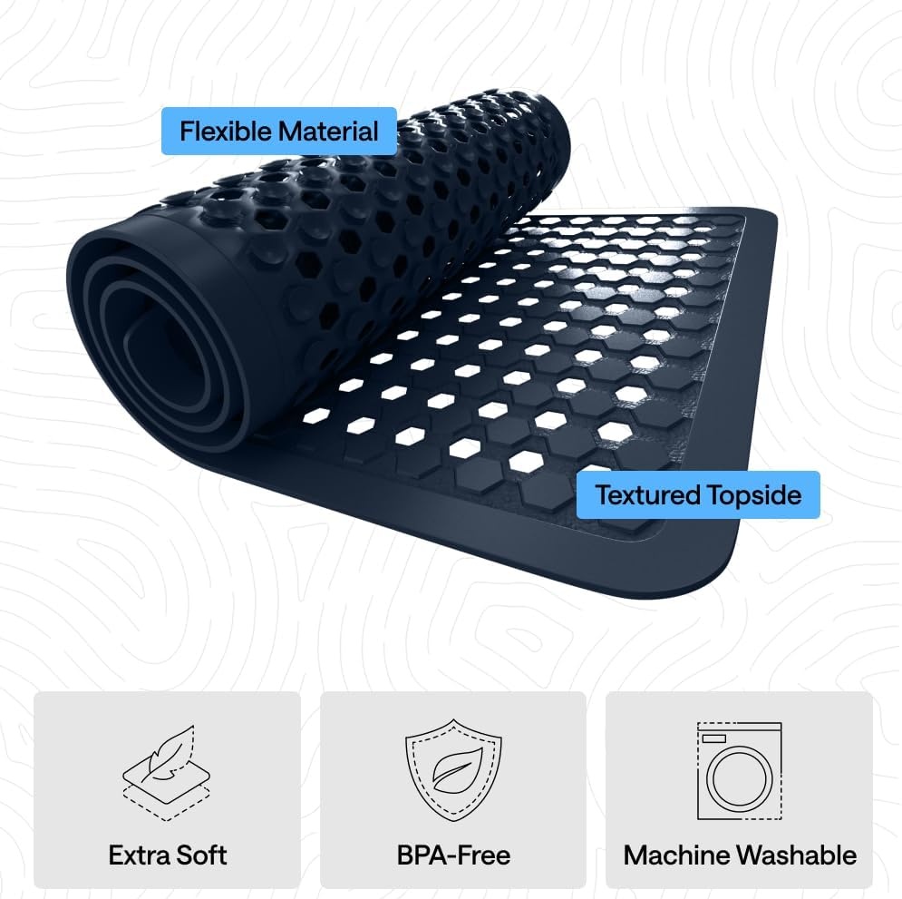 image:imageGORILLA GRIP Patented Bath Tub Shower Mat Machine Washable Bathtub Floor Liner Mats Suction Cups and Drain Holes to Keep Tubs Clean Soft on Feet Bathroom Essentials 35x16 Inch ClearNavy Opaque