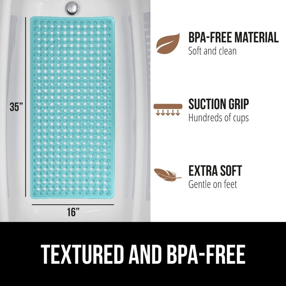 image:imageGORILLA GRIP Patented Bath Tub Shower Mat Machine Washable Bathtub Floor Liner Mats Suction Cups and Drain Holes to Keep Tubs Clean Soft on Feet Bathroom Essentials 35x16 Inch ClearTurquoise Translucent